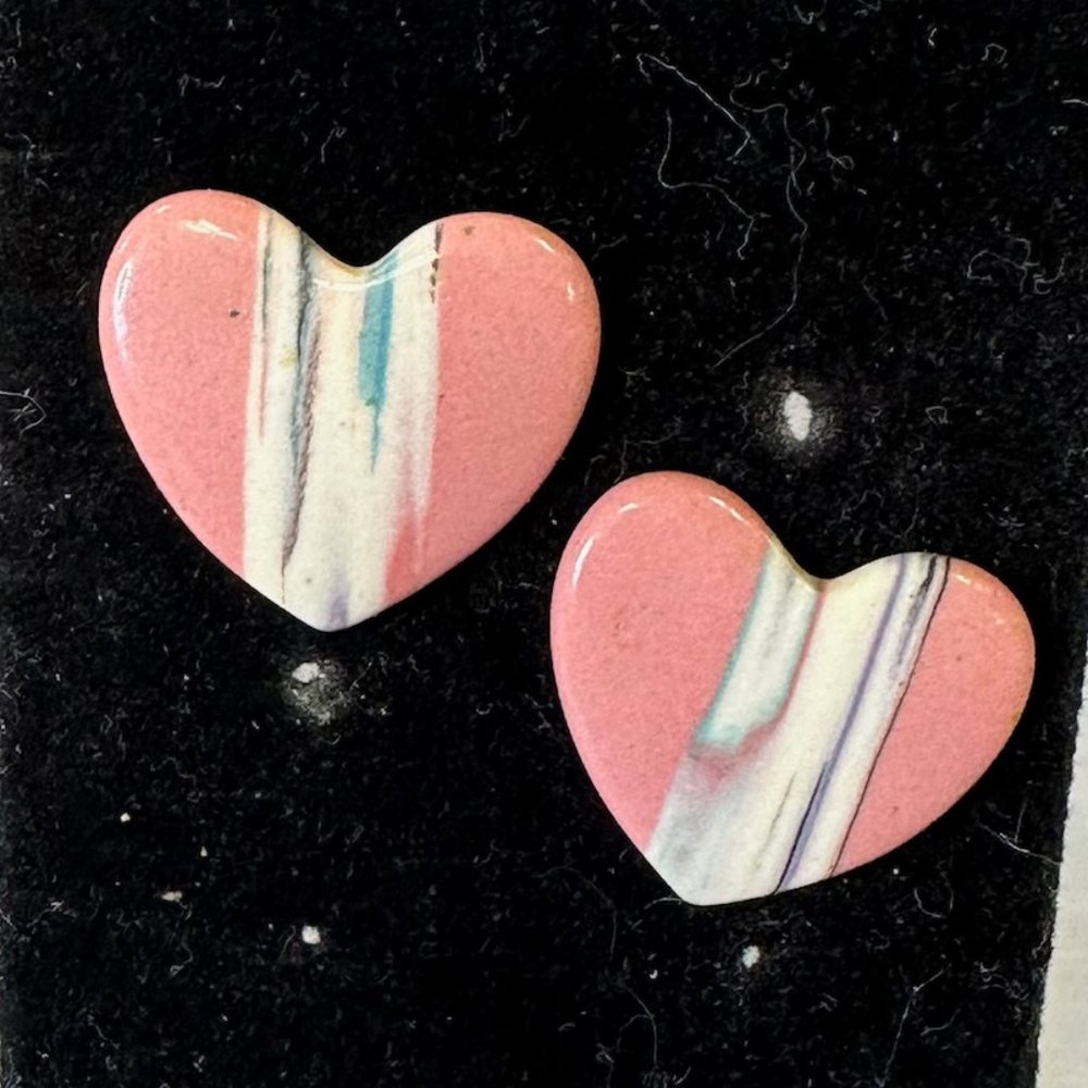Vintage 80s Pink Stripy Heart Earrings